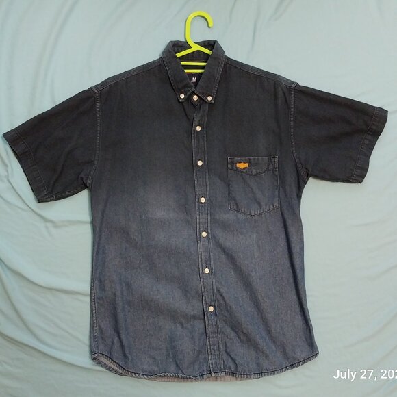 Navy Gradient Denim Short Sleeve Button Down Shirt US Size S, Asian size M - Picture 1 of 2